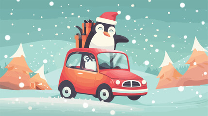 Penguin driving car with gift boxes merry 2d flat c