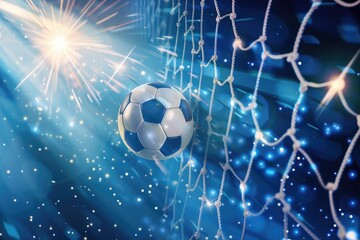 Fototapeta premium Soccer ball scoring a goal with a dynamic background of sparkles and light, representing energy and victory in sports.