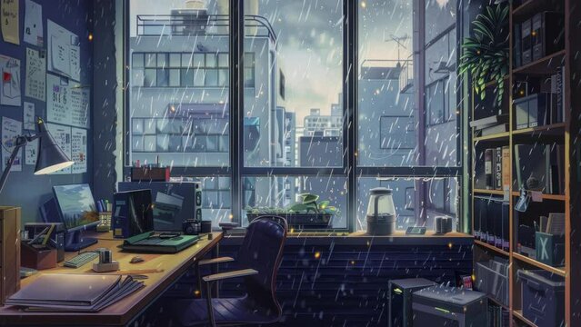 Lofi empty interior. Window view of a rainy day, anime, manga style. Colorful study lo-fi desk. Cozy chill vibe. Rain day, grey cold outside. 4k wallpaper. Lofi