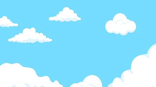 Blue sky full of clouds moving right to left. Cartoon sky animated background. Flat animation.