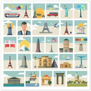 Icons, pictures and graphic elements related to tourist attractions, cultural monuments, modes of transport, hotels and resorts. Job ID: 39096c24-335b-4f04-bee7-ef7ec4439c1d