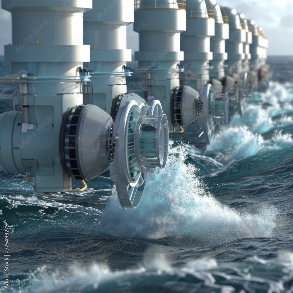 Poster tidal power station in action: close-up of a tidal power station harnessing the energy of ocean tide