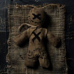 A mystical voodoo doll texture, crafted from burlap and bound with twine, featuring dark magic influences created with Generative AI Technology - obrazy, fototapety, plakaty
