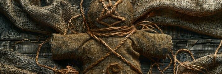 A mystical voodoo doll texture, crafted from burlap and bound with twine, featuring dark magic influences created with Generative AI Technology - obrazy, fototapety, plakaty