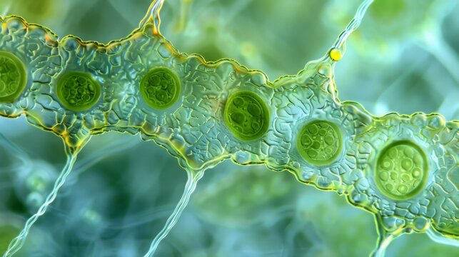 A microscopic view of a symbiotic relationship between cyanobacteria and a plant with the bacterias cells visibly providing nutrients