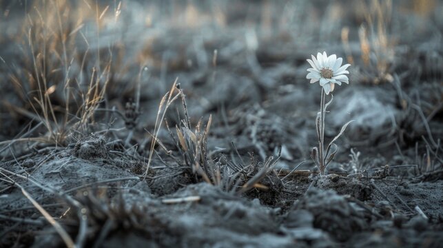 A lone and fragile flower stands amidst a field of wilted plants its once vibrant petals now drooping and withered from the harsh effects of acid rain.