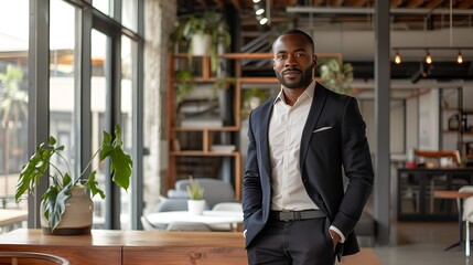 A man showcasing empowerment and success in a contemporary office space, stock photography