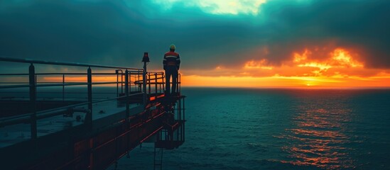 Industrial Pioneer: Lone Worker Stands Silhouetted Against Vast Ocean on Drilling Rig Platform - obrazy, fototapety, plakaty