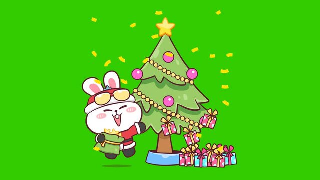 Rabbit merry christmas animation on green screen