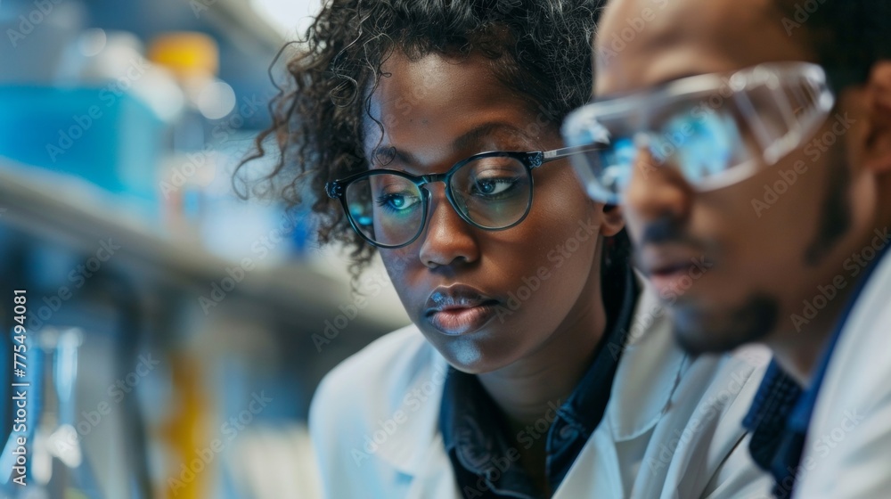 Poster a group of scientists in a laboratory examining a sample of a new material that could potentially im