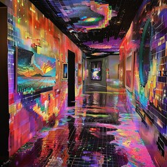 futuristic neon art gallery, interior and contemporary