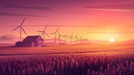A beautiful sunset over a farm with a row of wind turbines in the distance and a field of crops in the foreground depicting the coexistence . . - obrazy, fototapety, plakaty