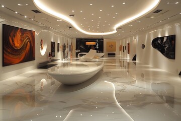 futuristic art gallery, sleek design