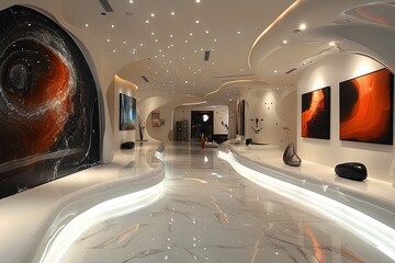 futuristic art gallery, modern design with curves