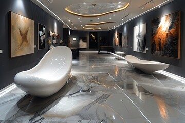 futuristic luxury art gallery, sleek design