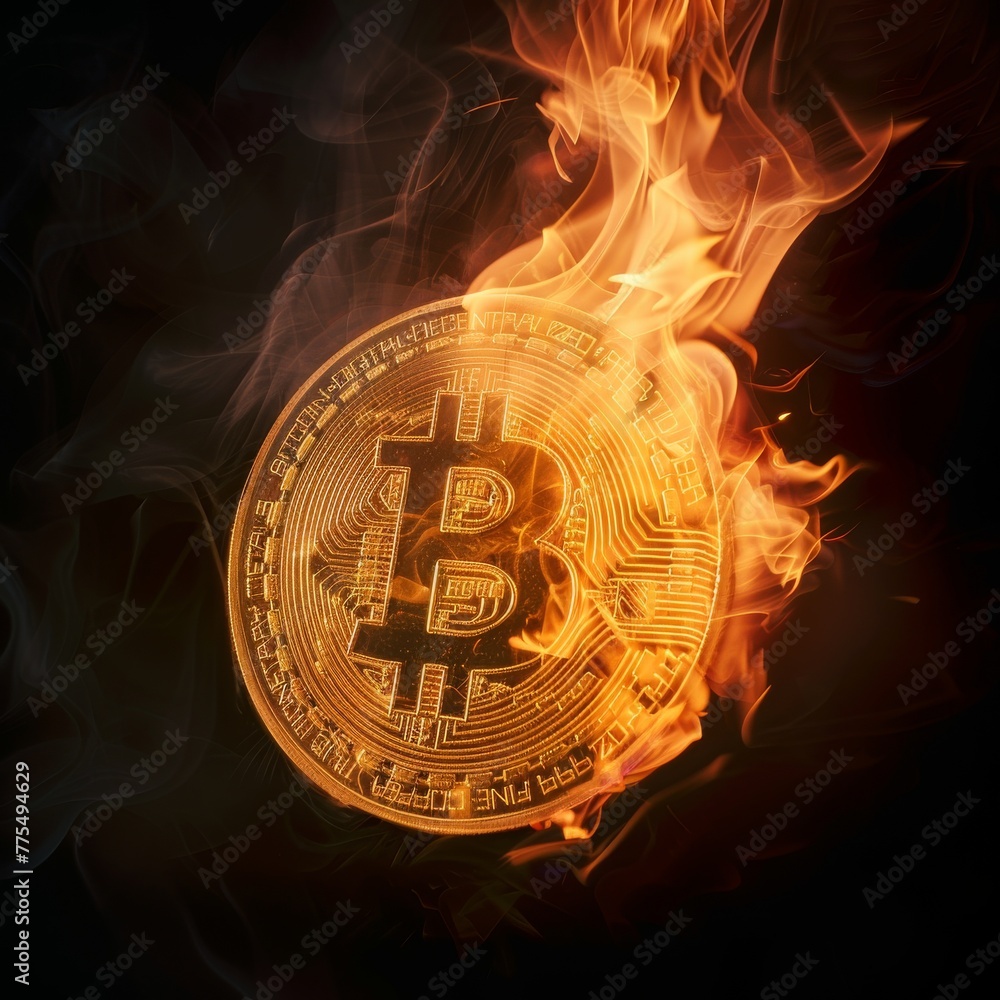 Poster flame of transformation: a single bitcoin engulfed in flames, symbolizing the volatile yet transform