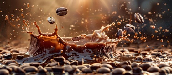 A close up of a liquid splash with coffee beans and coffee beans