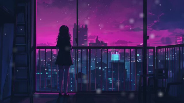Lofi girl full - body, standing at balcony looking at city night lights,. Lofi