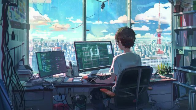 Anime style boy programming on computer in his room with big window with nice view of the city landscape. Relaxed colorful apartment, tranquil digital painting. Lofi