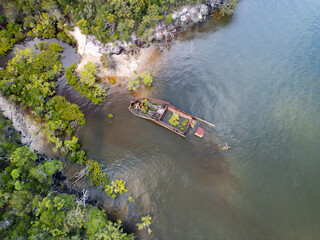 Aerial views of Ceratodus shipwreck near Ungowa on the sand island of K’gari, Queensland,...