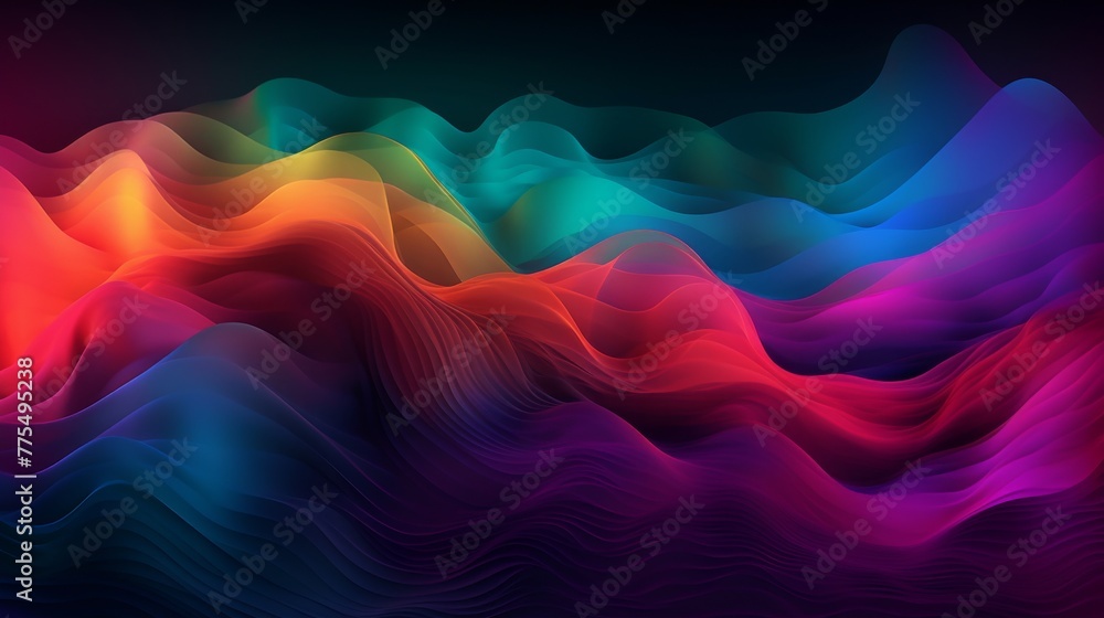 Poster vivid gradient mesh transforming into fluid shapes and waves, embodying the dynamic flow of colors a