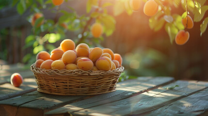 Fresh apricots stored in a basket on a rustic wooden table. Background. Copy space.