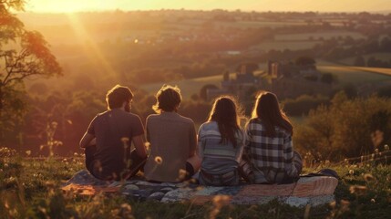 A group of friends sit on a patchwork quilt backs turned towards the camera as they watch the sunset over a sprawling countryside . . - obrazy, fototapety, plakaty
