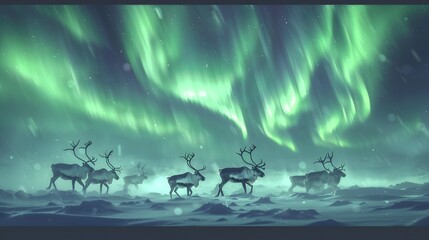 Majestic herd of reindeer peacefully grazing under mesmerizing aurora borealis glow - obrazy, fototapety, plakaty
