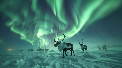 Reindeer herd peacefully grazes under mesmerizing aurora borealis glow