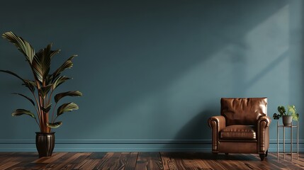 Living room with armchair on empty cadet blue colour wall background - obrazy, fototapety, plakaty
