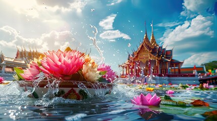 Songkran Water Festival Tourism Authority of Thailand Flowers in a bowl of water splashing water Thai tourism architecture Banner design on clouds and blue sky. - obrazy, fototapety, plakaty