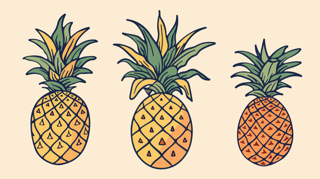Pineapple cartoon hand drawn set isolated on backgr
