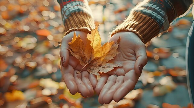 Women's hands and maple leaves man and nature news view