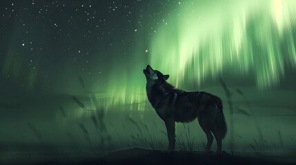 Lone wolf's haunting howl under aurora borealis in silent wilderness