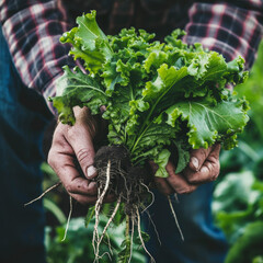 Farmer close-up holding and picking up green lettuce salad leaves with roots.