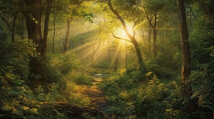 prompt Sunrise over a lush forest, illuminating the vibrant greenery and diverse ecosystem. Capturing the essence of nature's beauty and tranquility. High-detail, realistic textures, dynamic lighting - obrazy, fototapety, plakaty