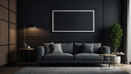 Mockup frame on cabinet in living room interior on empty dark wall background. AI generated