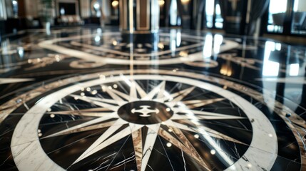 The podium sits atop a polished black and white marble floor mirroring the elegant design of the ships ballrooms with intricate nautical . . - obrazy, fototapety, plakaty