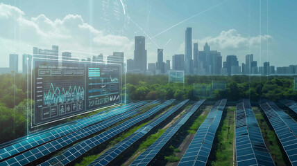 Solar farm with futuristic data analytics overlay against a city skyline, representing sustainable energy solutions. - obrazy, fototapety, plakaty