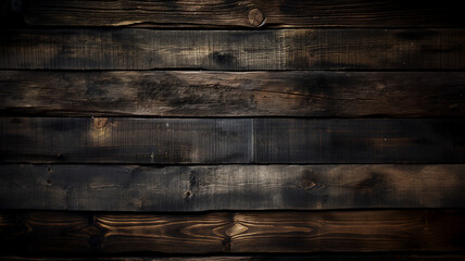 Obraz na płótnie Canvas Dark wooden planks with a rustic texture, arranged horizontally with visible grain and knots.