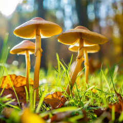 lifestyle photo beautiful closeup of forest mushrooms in grass, autumn season. little fresh mushrooms, growing in Autumn Forest. mushrooms and leafs in forest. Mushroom picking concept. Magical.