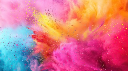 Holiday Holi concept, explosion of multicolored colors Vivid, bright pigments Noisy dust and powder The sound flickers and shimmers. Hand drawn background for design - obrazy, fototapety, plakaty