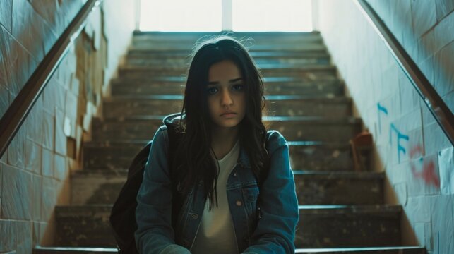 A teenage girl sits alone on the stairs of a building, looking sad and introspective