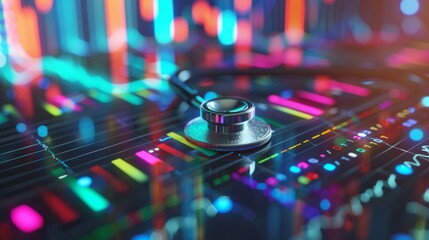 A stethoscope placed on top of a vibrant and colorful background, symbolizing medical care and health - obrazy, fototapety, plakaty