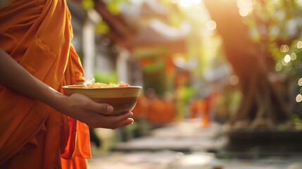 Buddhist monk is holding his arms bowl walking to receive food offerings from people in the temple	