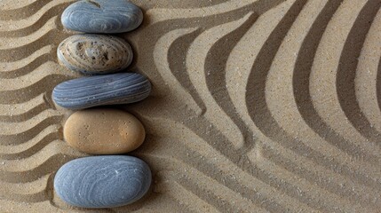 Fototapeta na wymiar A line of rocks balanced on top of a sandy beach creating a harmonious arrangement