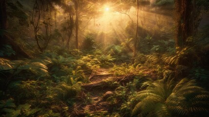 Fototapeta na wymiar prompt Sunrise over a lush forest, illuminating the vibrant greenery and diverse ecosystem. Capturing the essence of nature's beauty and tranquility. High-detail, realistic textures, dynamic lighting