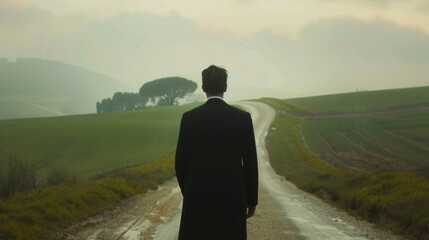 A businessman stands on a dirt road in the middle of a vast field, pondering his next move - Powered by Adobe