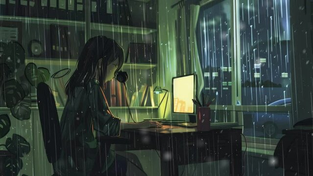 Anime Lofi girl studying at her desk by the window while listening music in a rainy day. Lofi