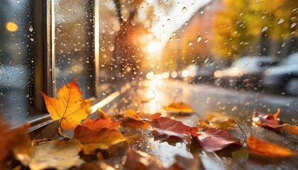 autumn leaves on the window rainy window moody time autumn street rainy street in fall waterdrops on glass autumn foliage